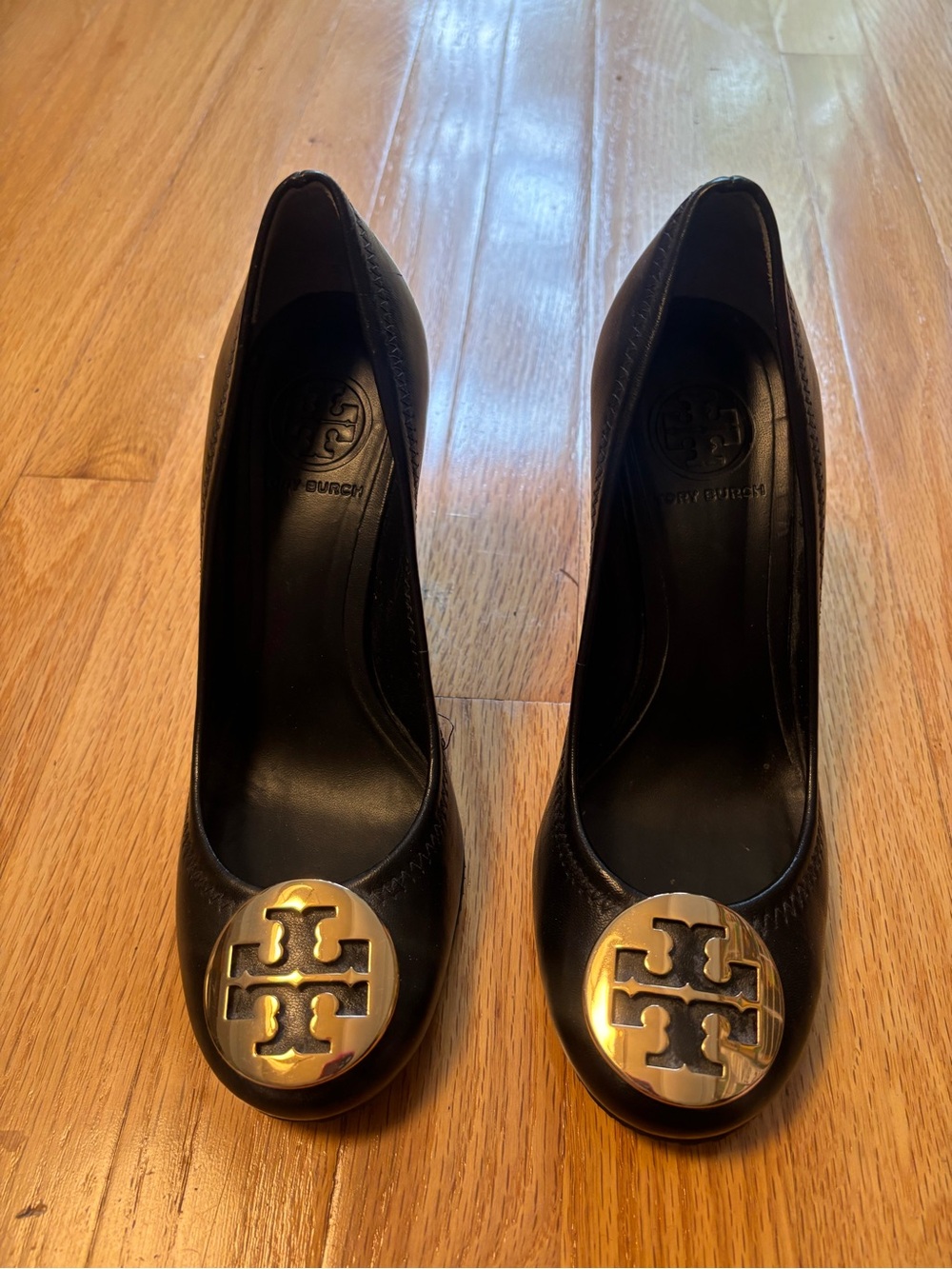 Tory Burch Black Leather Heels with Gold Logo Medallions